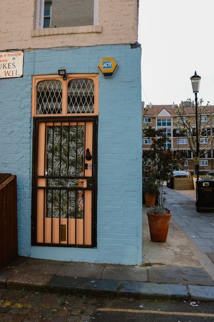 A black metal security screen door with decorative wrought iron scrollwork covering a glass panel, set within a peach-colored wooden door frame, positioned in front of a brick building painted in pastel blue. Above the door, a small black security camera is attached to the wall. To the right of the entrance, a large terracotta pot containing a leafy green plant is placed on the sidewalk. Further right, a traditional black lamppost is visible, and behind it, a row of modern residential buildings with large windows and balconies can be seen. The scene is bathed in natural daylight, with a clear sky suggesting a calm, urban setting. The building is adjacent to a narrow paved street with parked cars, typical of a residential area, and a street sign partially visible in the upper left corner indicating local directions. This exterior scene relates to the context of private property access and suggests potential needs for rubbish or waste management services that could include on-site clearance or independent waste collection, typical of local rubbish removal providers.